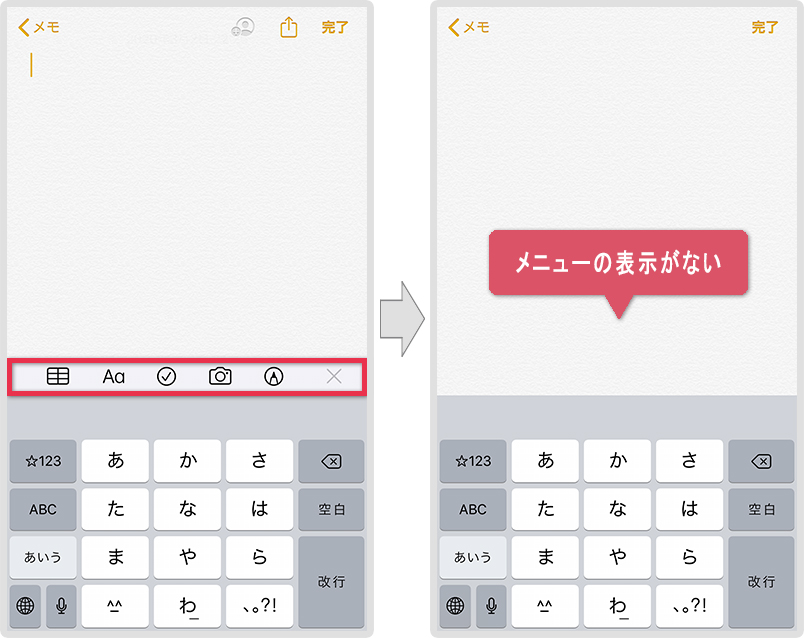 メモの機能メニューの表示がない